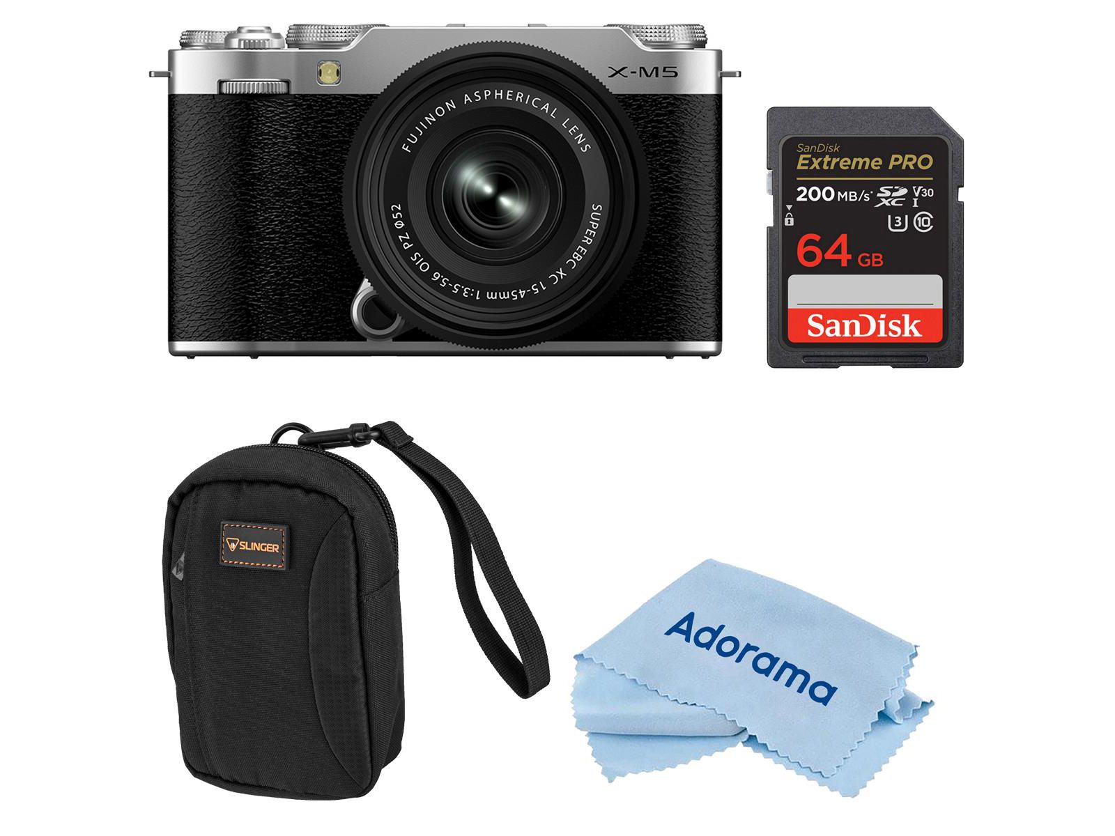 Fujifilm X-M5 Camera and XC 15-45mm f/3.5-5.6 Lens, Silver, with 64GB SD Card