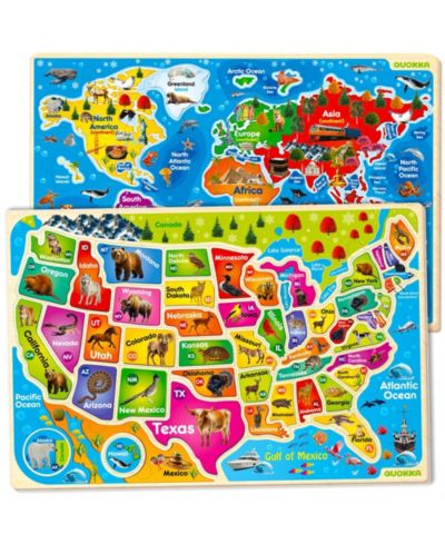 Quokka USA & World Map Magnetic Puzzle, 2-Piece Set, Ages 3+