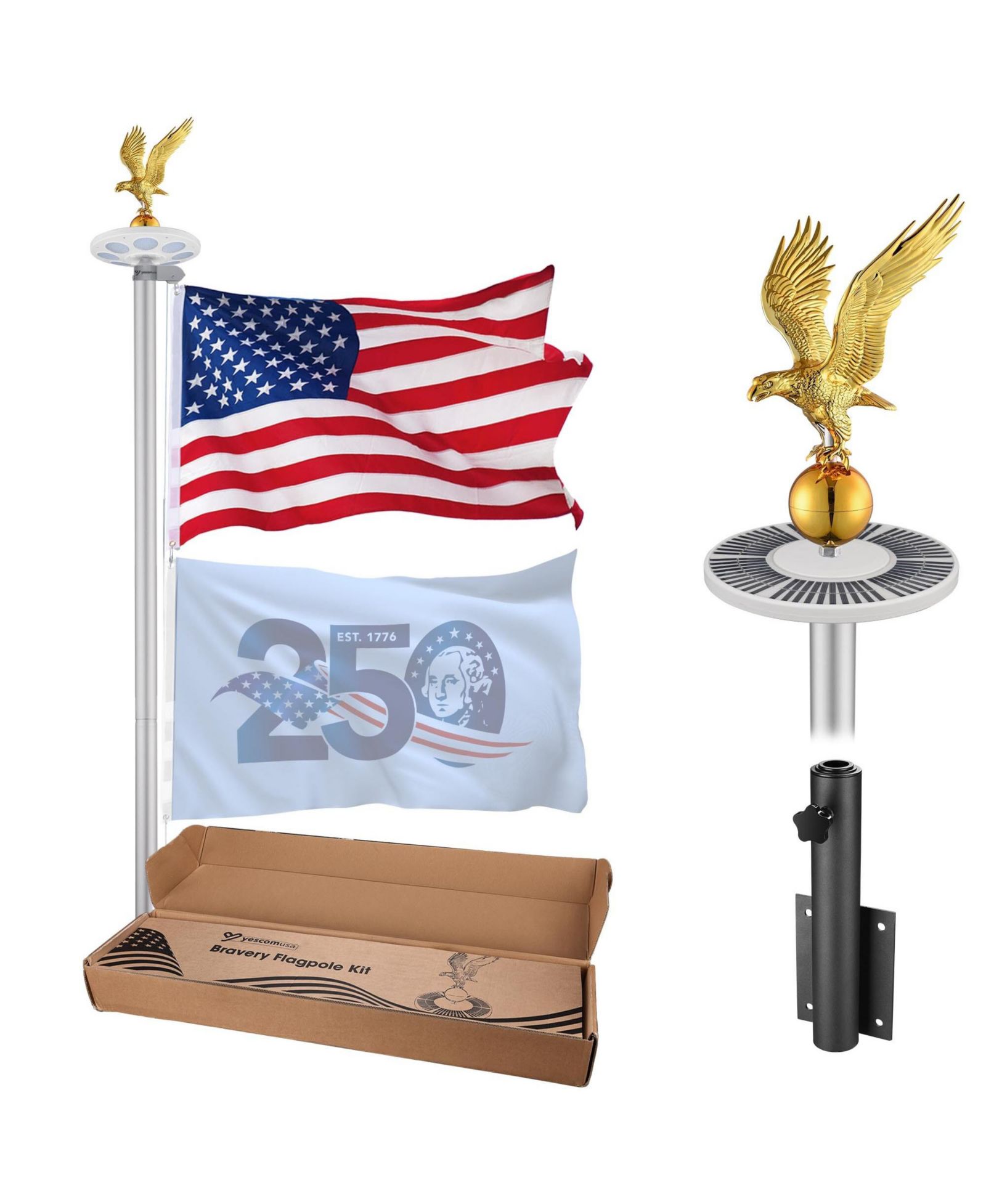 Yescom 20 Ft Sectional Flag Pole Kit with Solar Light & Deck Mount Bravery MEGA Aluminum Inground Flagpole for Outdoor Patio Dock Side