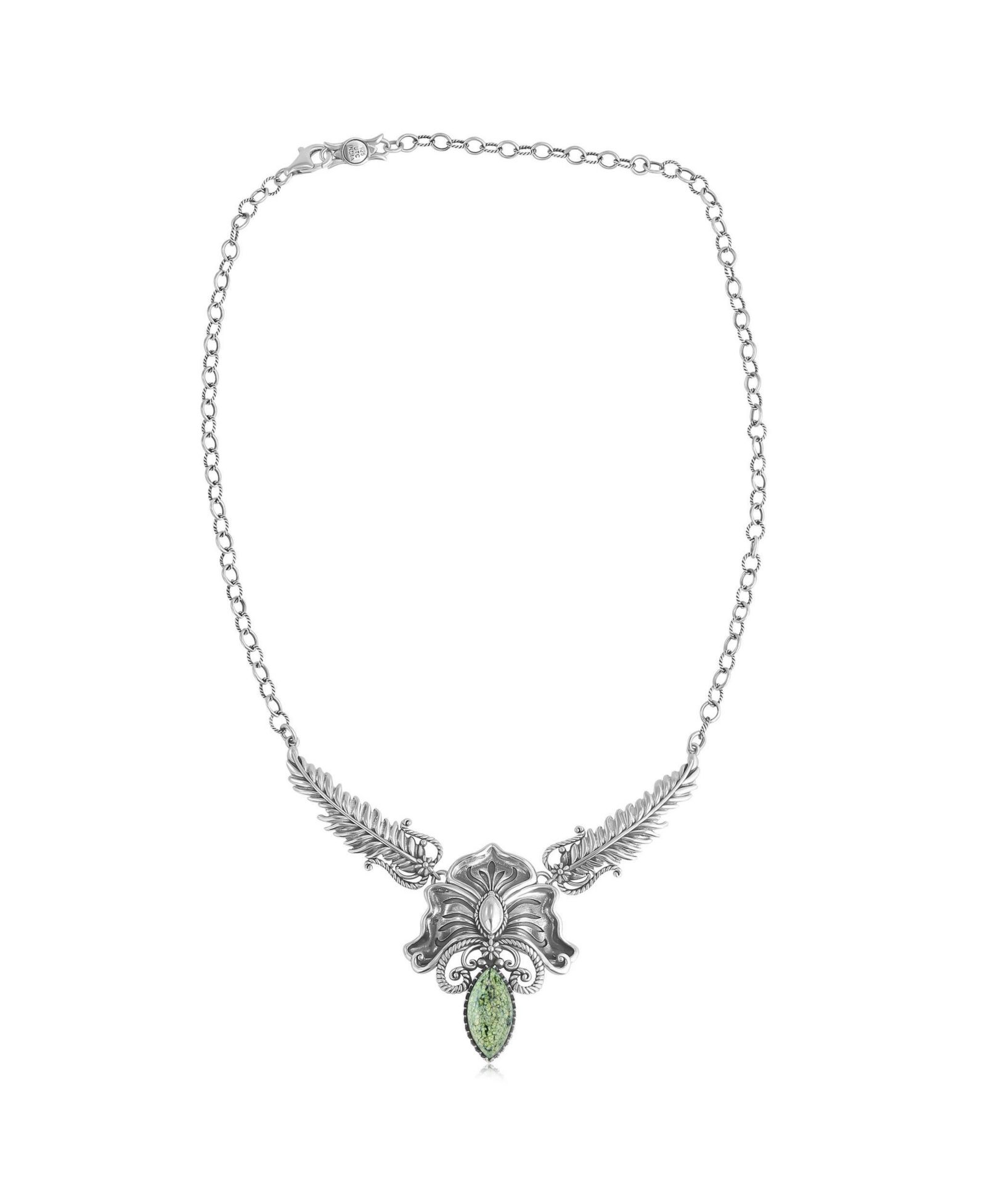 American West Jewelry Sterling Serpentine Cactus Flower Marquise Feather Necklace,