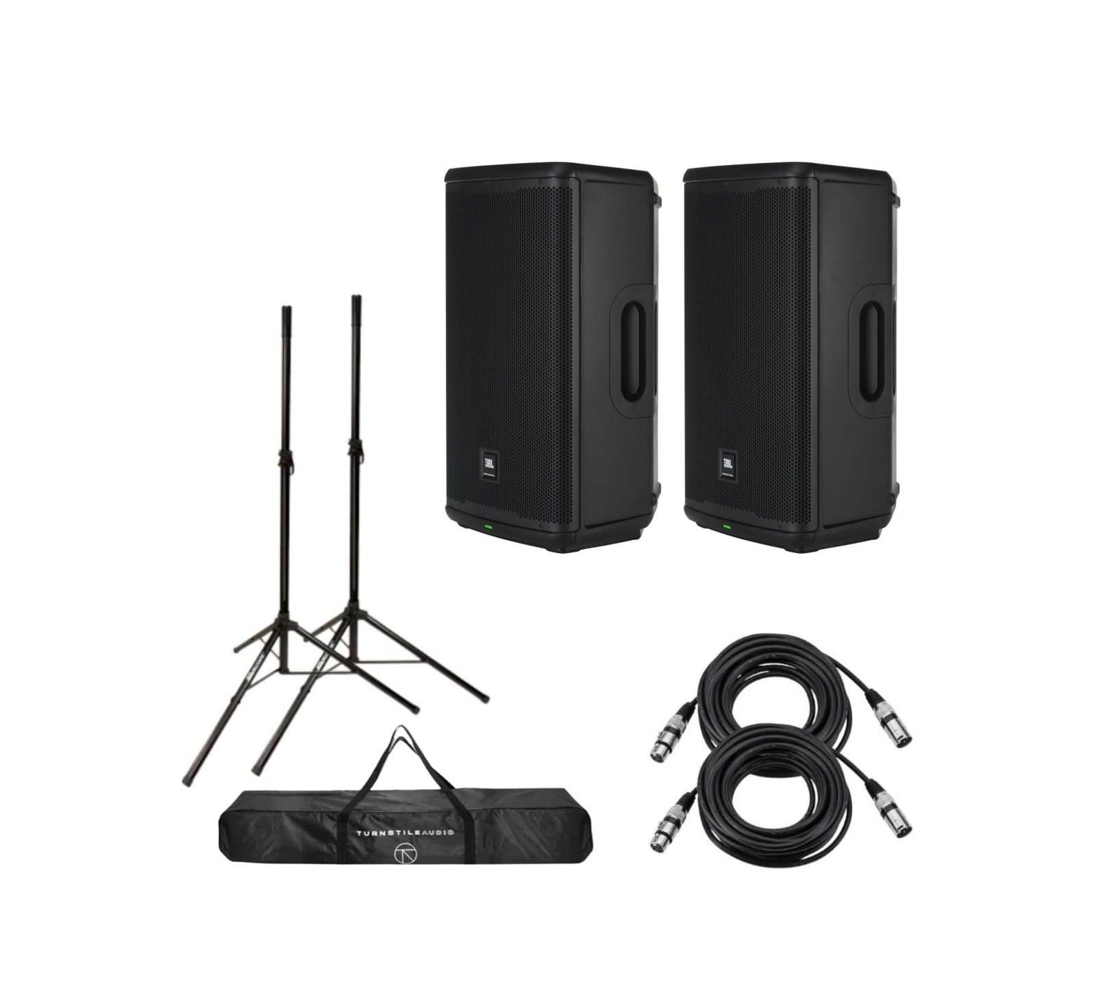 JBL EON715 15" 1300W Powered Portable PA Speaker with Bluetooth and DSP, Pair, Bundle with 2 Ultimate Support JamStands JS-TS50 6