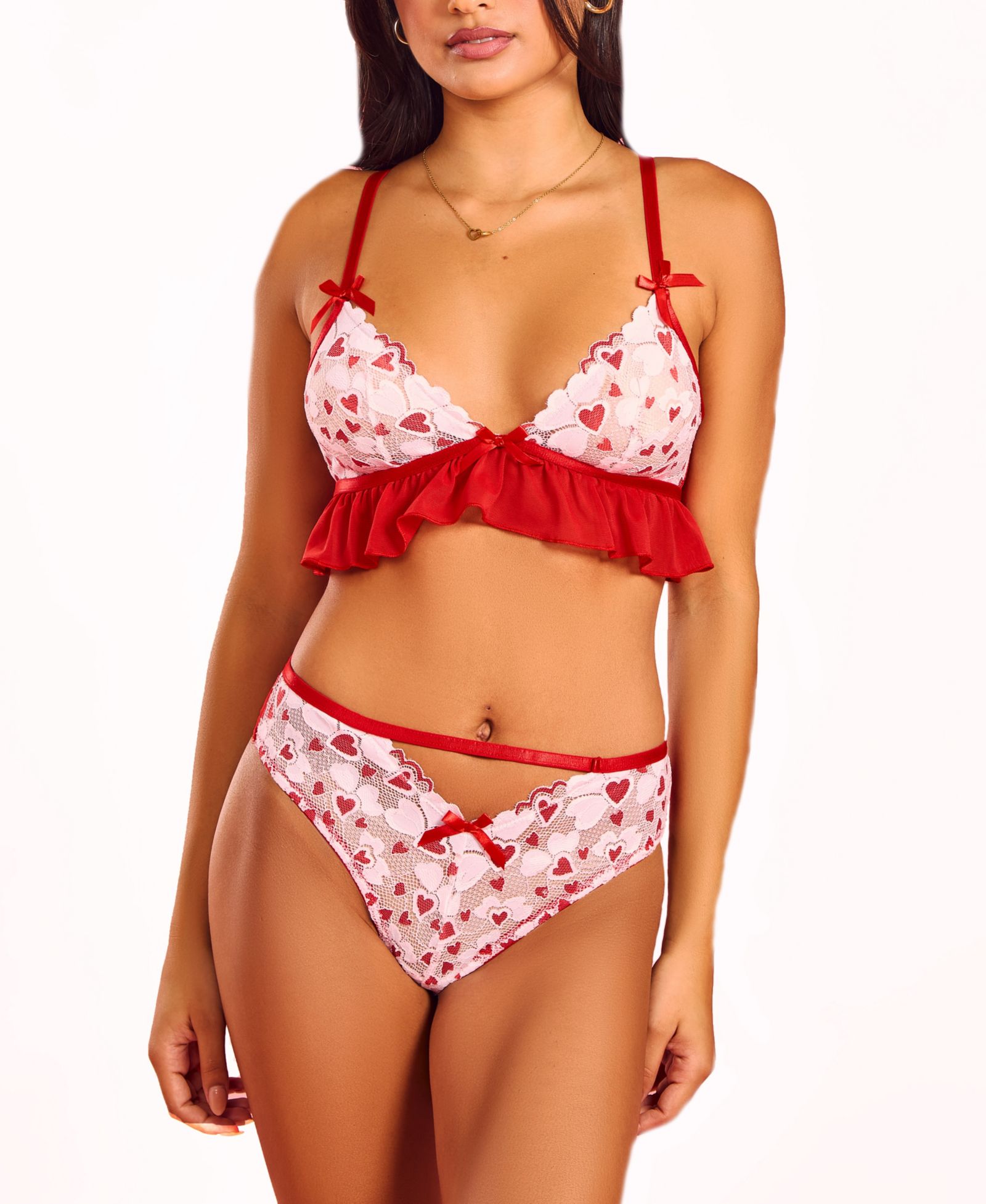 Hauty Women's 2-Piece Heart Lace and Ruffle Bralette and Panty Set Lingerie