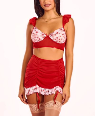 Женский комплект нижнего белья Hauty 3-Piece Heart Lace & Ruffle Bralette and Mini Set