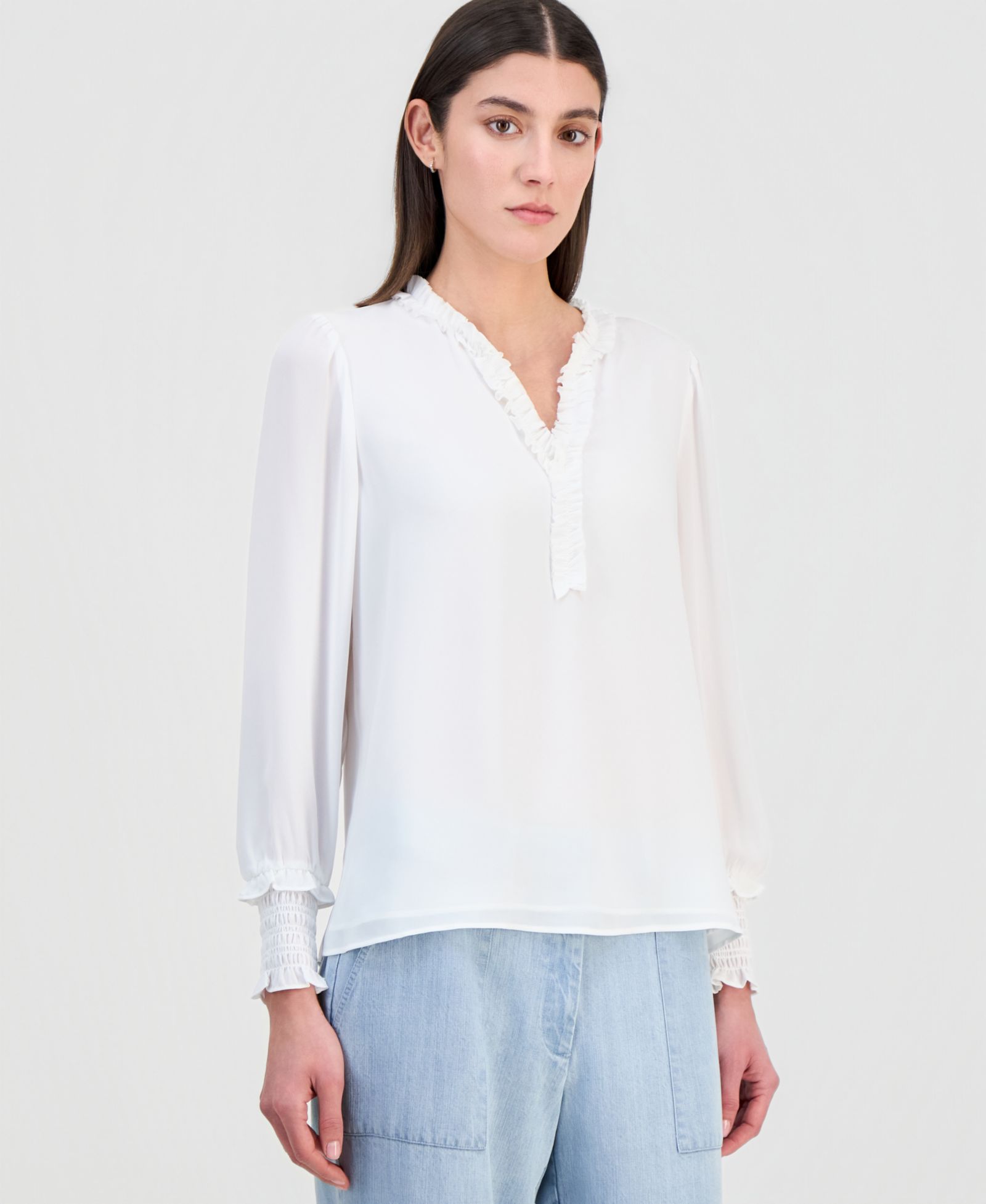 T Tahari Women's Chiffon Split-Neck Ruffled Blouse