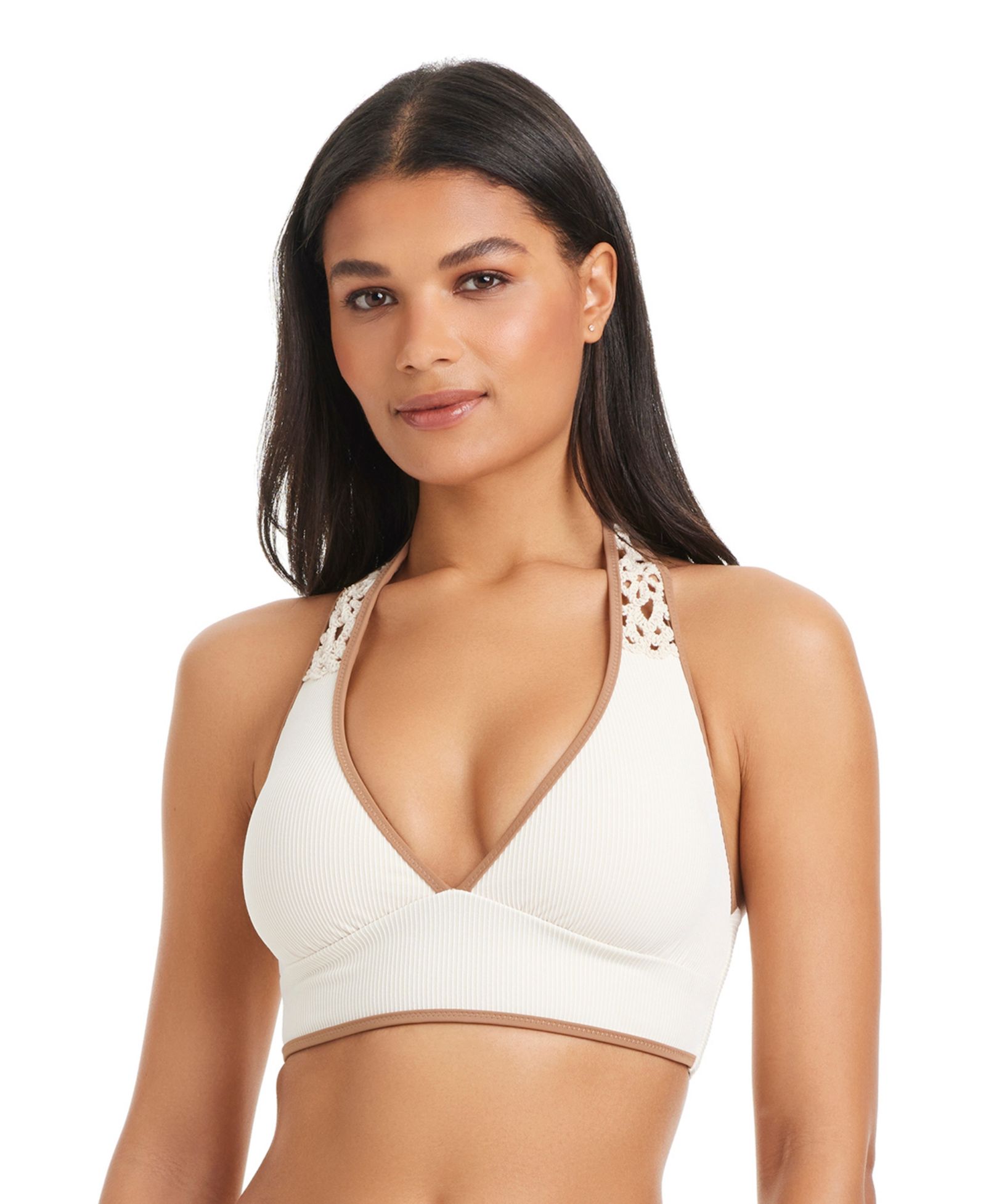 Sanctuary Women's V-Neck Ribbed Crochet Bikini Halter Top