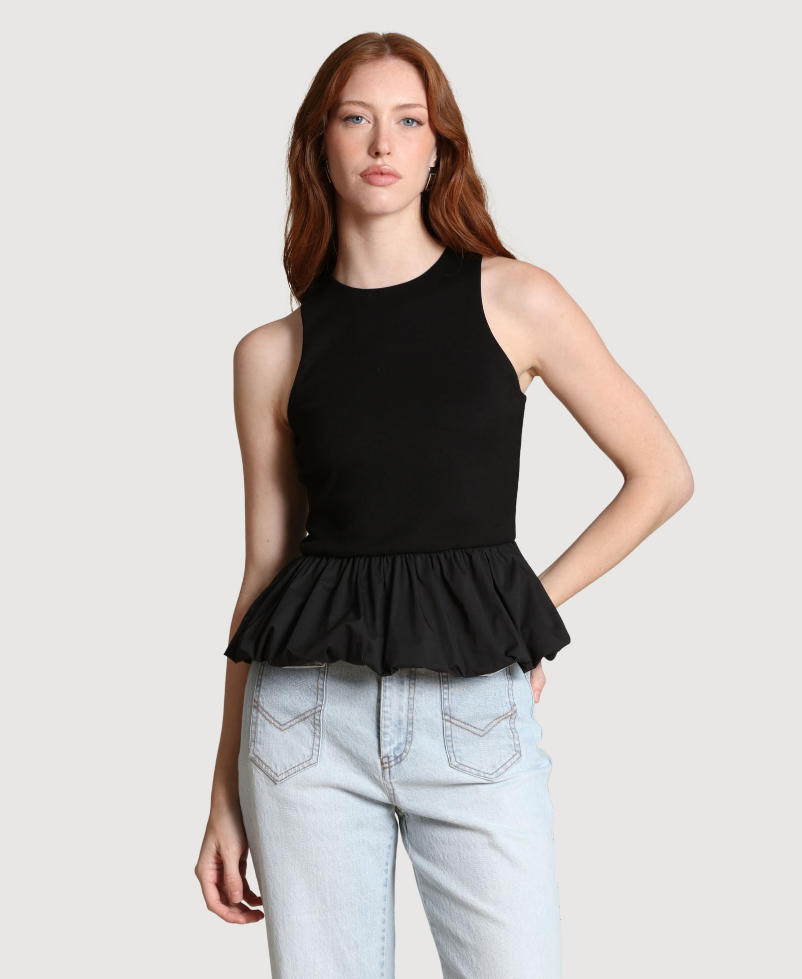 Avec Les Filles Women's Peplum Crew Neck Tank Top