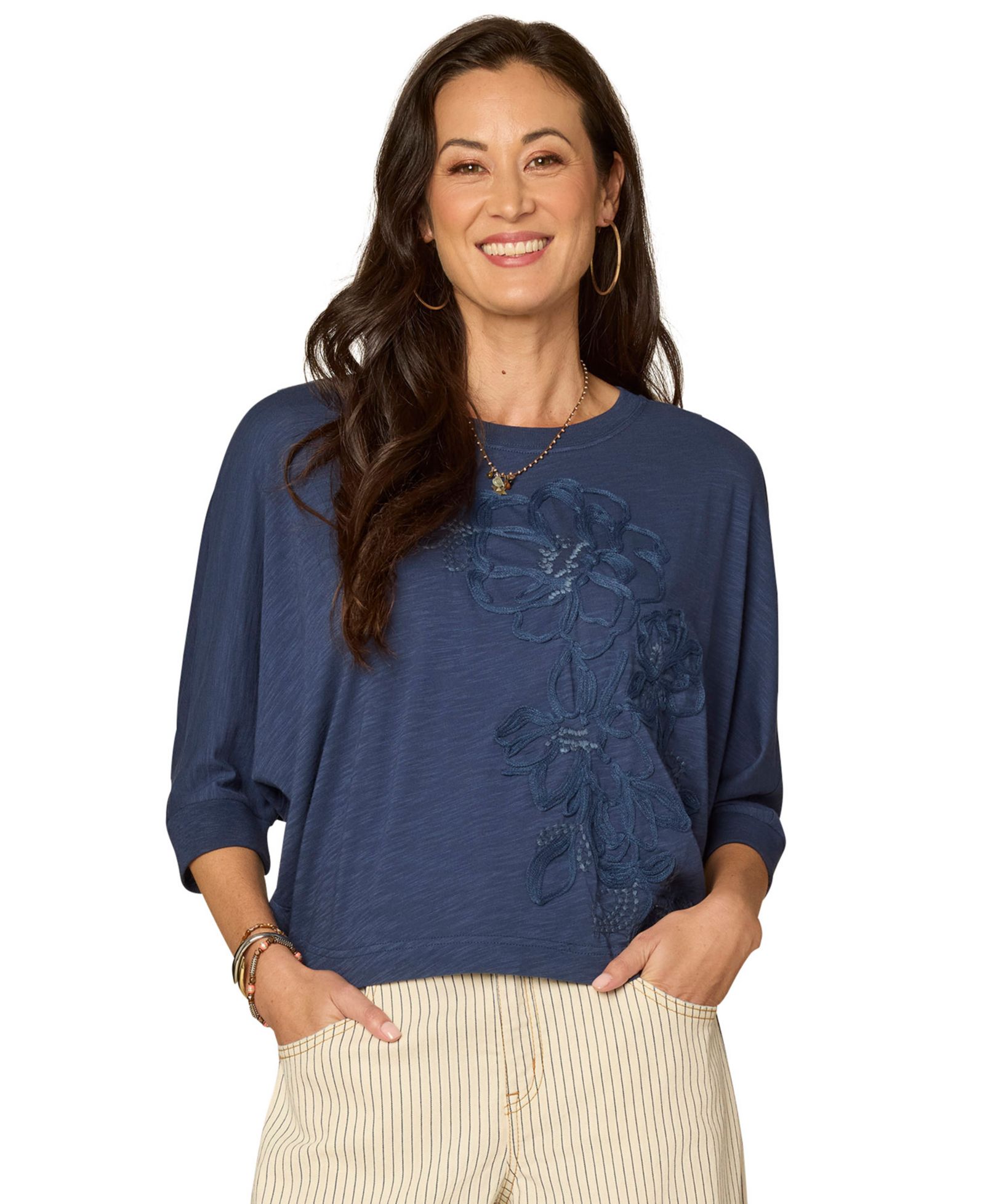 Democracy Women's Embroidered Crew Neck Top