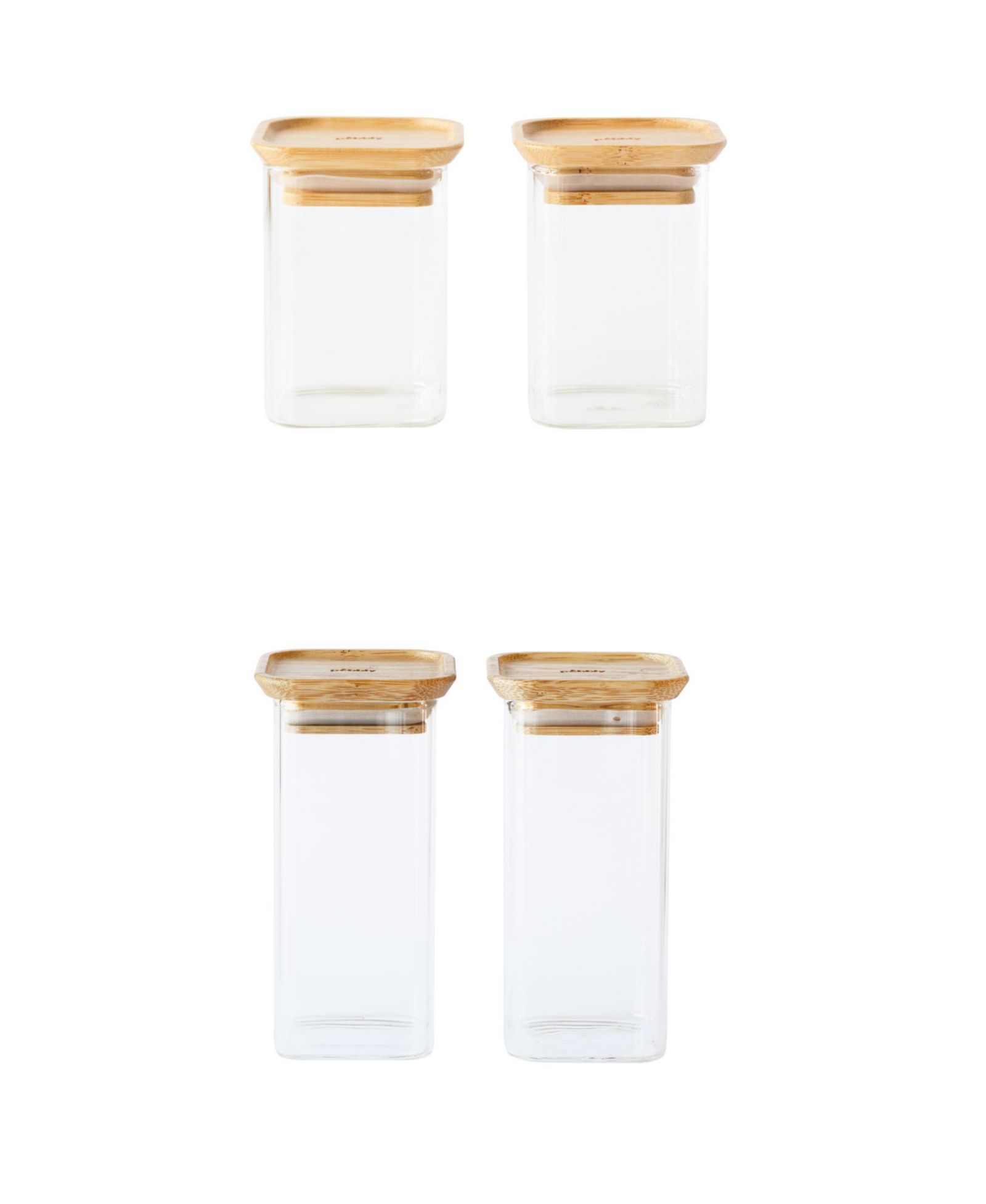 Pebbly Square Glass Bamboo Canisters for Spice Herbs, Set of 4
