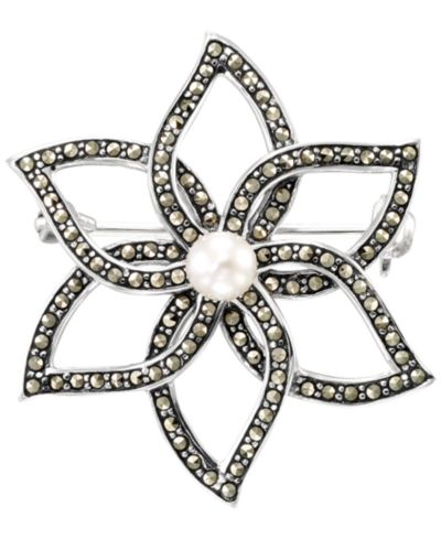 Macy's брошь с жемчугом и марказитом, Sterling Silver
