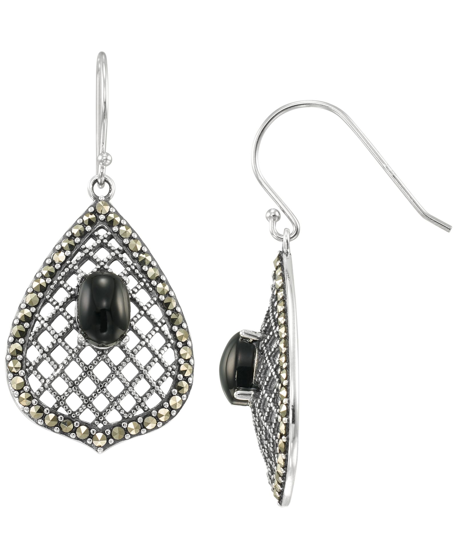 Серьги-подвески Macy's с марказитом (0.64 ct. t.w.) и черным ониксом (0.5 ct. t.w.) из стерлингового серебра
