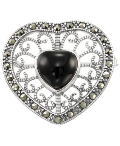 Брошь Macy's Marcasite и Black Onyx Heart Sterling Silver
