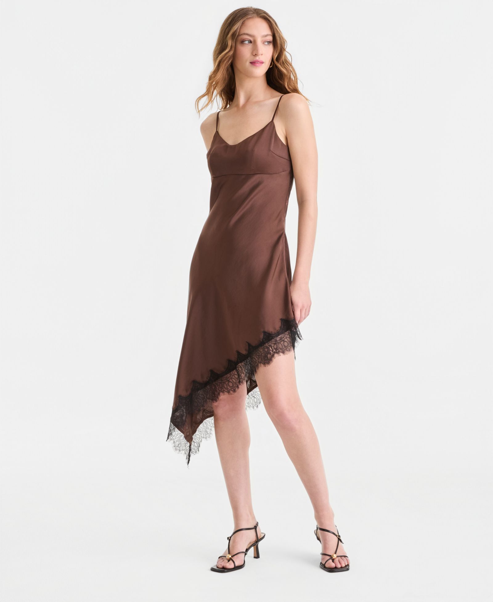 Bar III Women's Satin Lace-Trim Asymmetric-Hem Dress, Macy's Exclusive