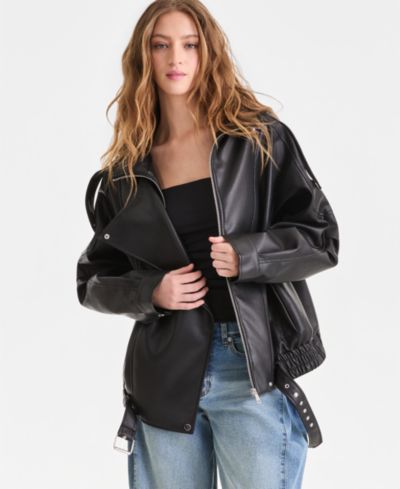 Куртка-бомбер женская Bar III Faux-Leather Zip-Front