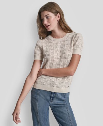 DKNY Jeans Petite Short Sleeve Crew Neck Lace Pointelle Sweater