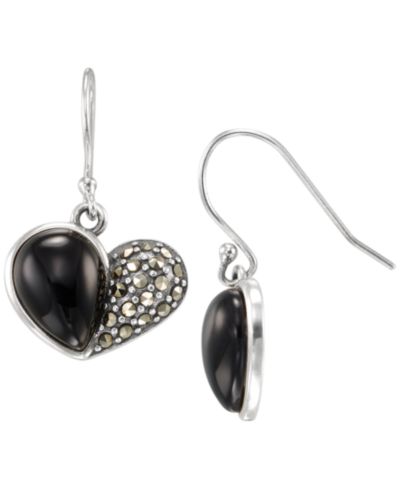 Серьги-подвески Macy's Marcasite (0.32 ct. t.w.) и Onyx (4 ct. t.w.) из стерлингового серебра
