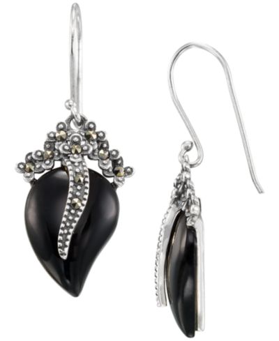Macy's Marcasite (0.16 ct. t.w.) and Onyx (4 ct. t.w.) Dangle Earrings in Sterling Silver