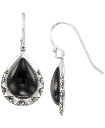 Macy's Marcasite (0.30 ct. t.w.) and Onyx (6 ct. t.w.) Dangle Earrings in Sterling Silver