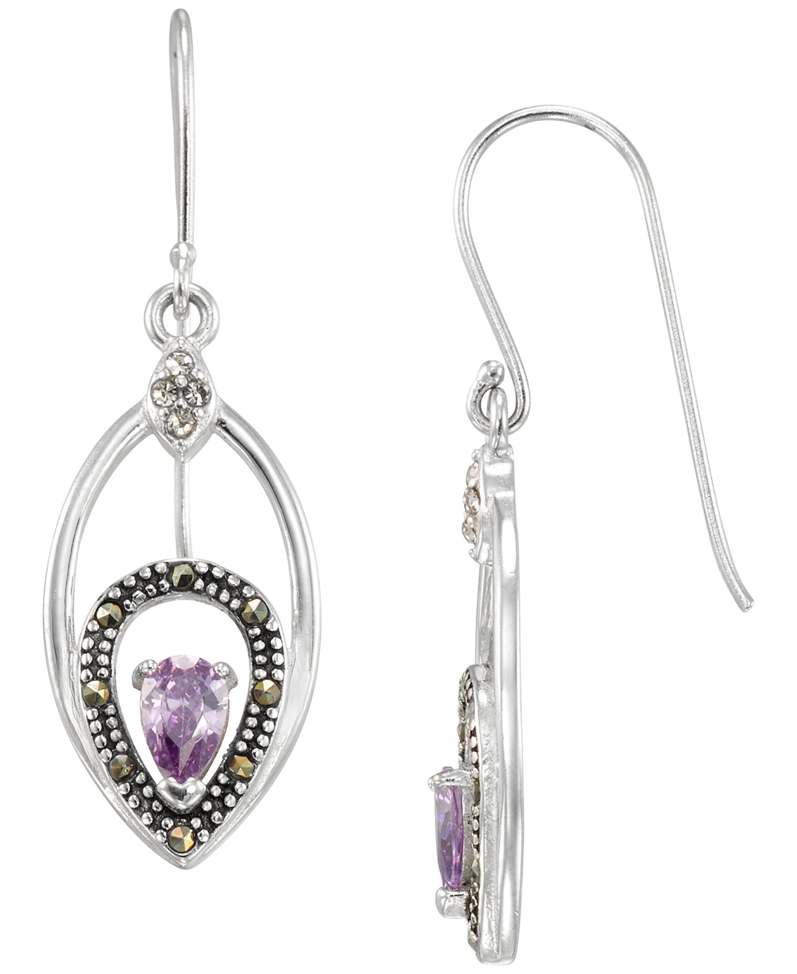 Серьги-подвески Marcasite (0.10 ct. t.w.) и Amethyst (1/2 ct. t.w.) в Sterling Silver