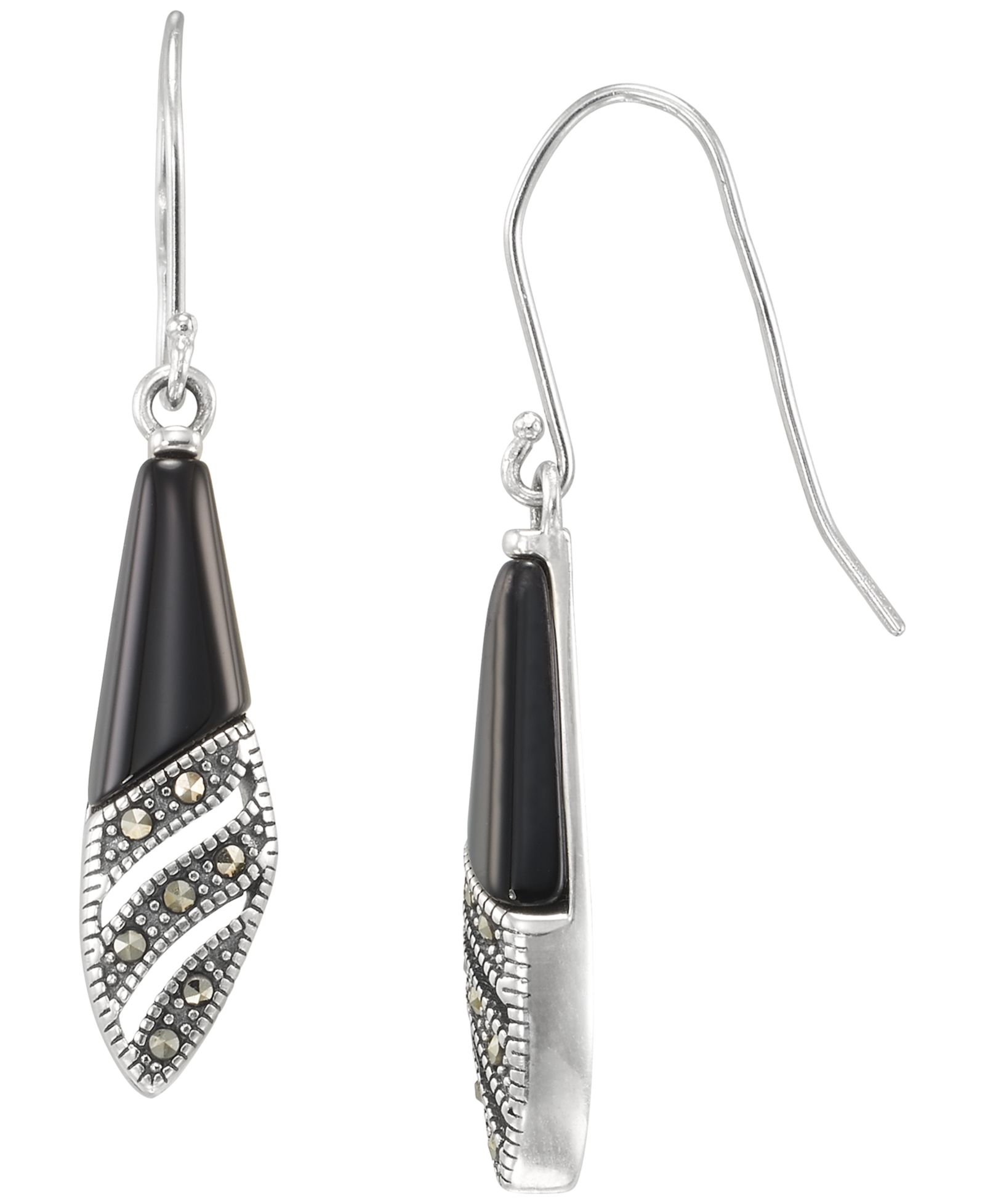 Macy's Marcasite (0.09 ct. t.w.) and Onyx (1-1/2 ct. t.w.) Dangle Earrings в Sterling Silver