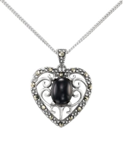 Macy's Marcasite (0.17 ct. t.w.) and Faceted Onyx (1-1/4 ct. t.w.) Heart Pendant Necklace in Sterling Silver