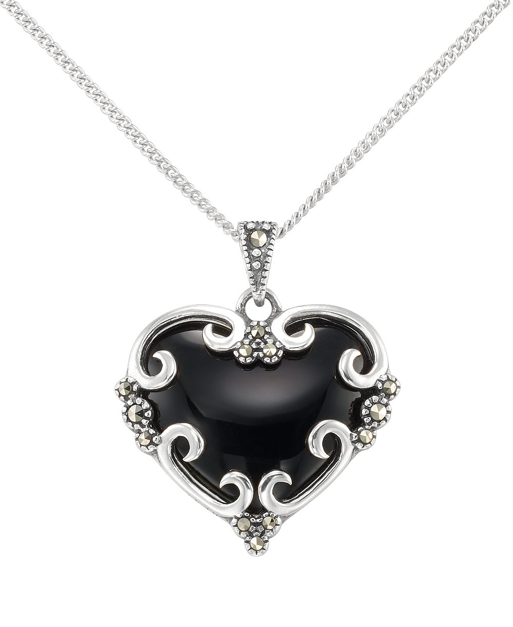 Macy's Marcasite (0.09 ct. t.w.) and Onyx (4 ct. t.w.) Heart Pendant Necklace in Sterling Silver