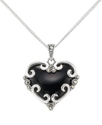 Macy's Marcasite (0.09 ct. t.w.) and Onyx (4 ct. t.w.) Heart Pendant Necklace in Sterling Silver