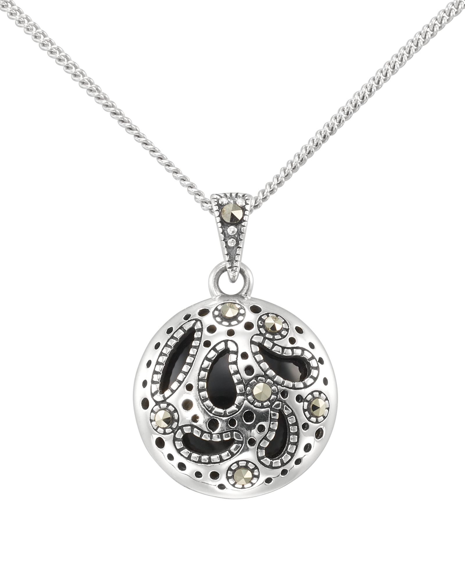 Подвеска Macy's Marcasite (0.10 ct. t.w.) и Onyx (3 ct. t.w.) Openwork Round в стерлинговом серебре