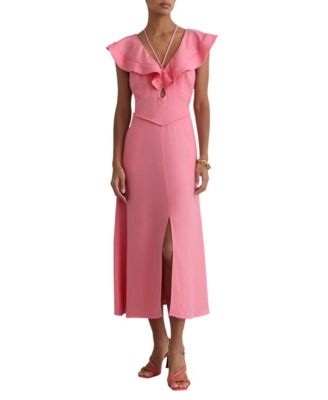 REISS Women's Ruffle Tie-Neck Keyhole Midi Dress