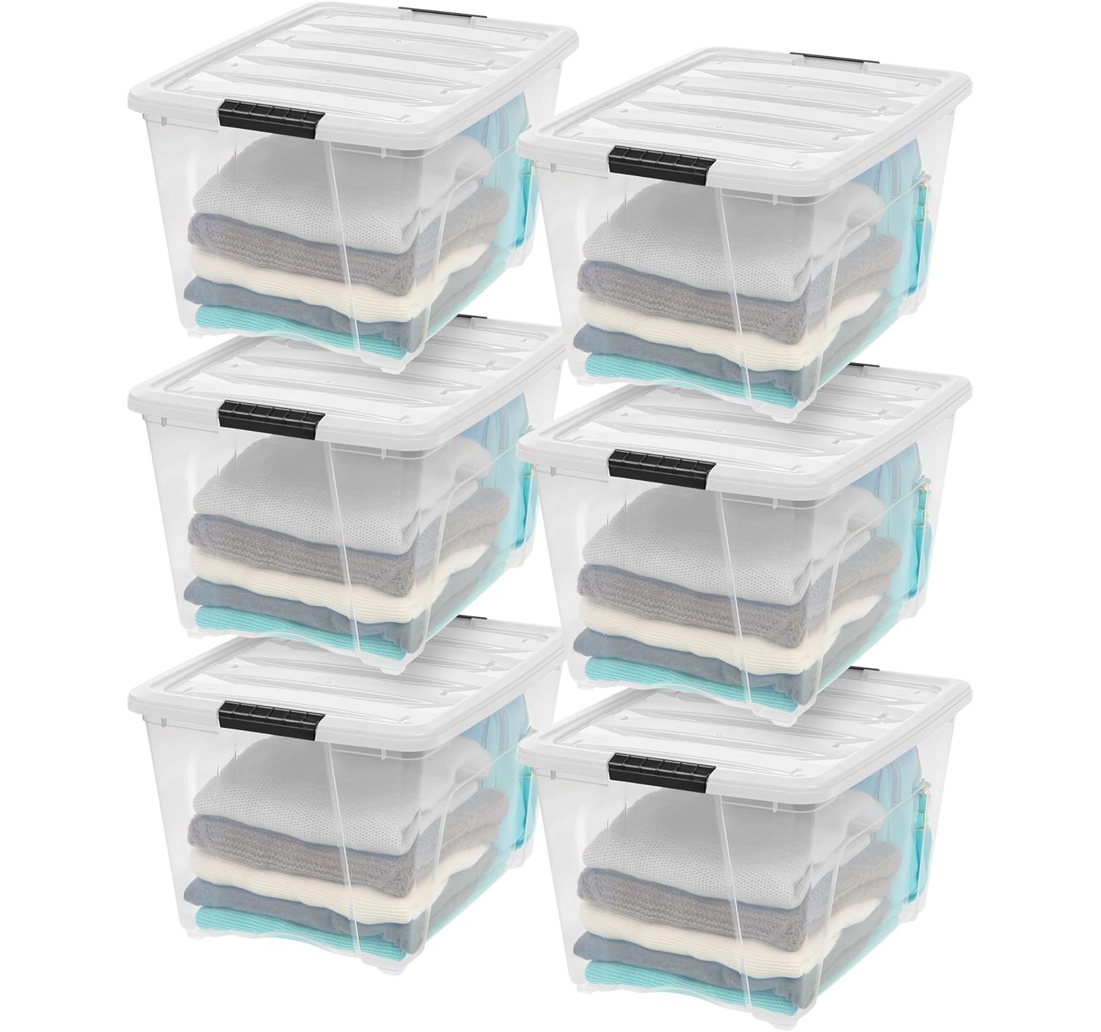 IRIS 54 Qt Stackable Plastic Storage Bins with Lids- Clear/White, 6Pk