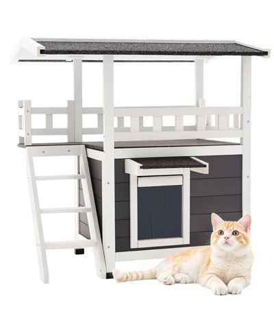 COZITO 30" 2-Story Wooden Outdoor Cat House with Balcony & Stairs