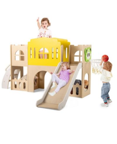 Hongge 7-in-1 Wooden Slide and Climber Set with Basketball Hoop