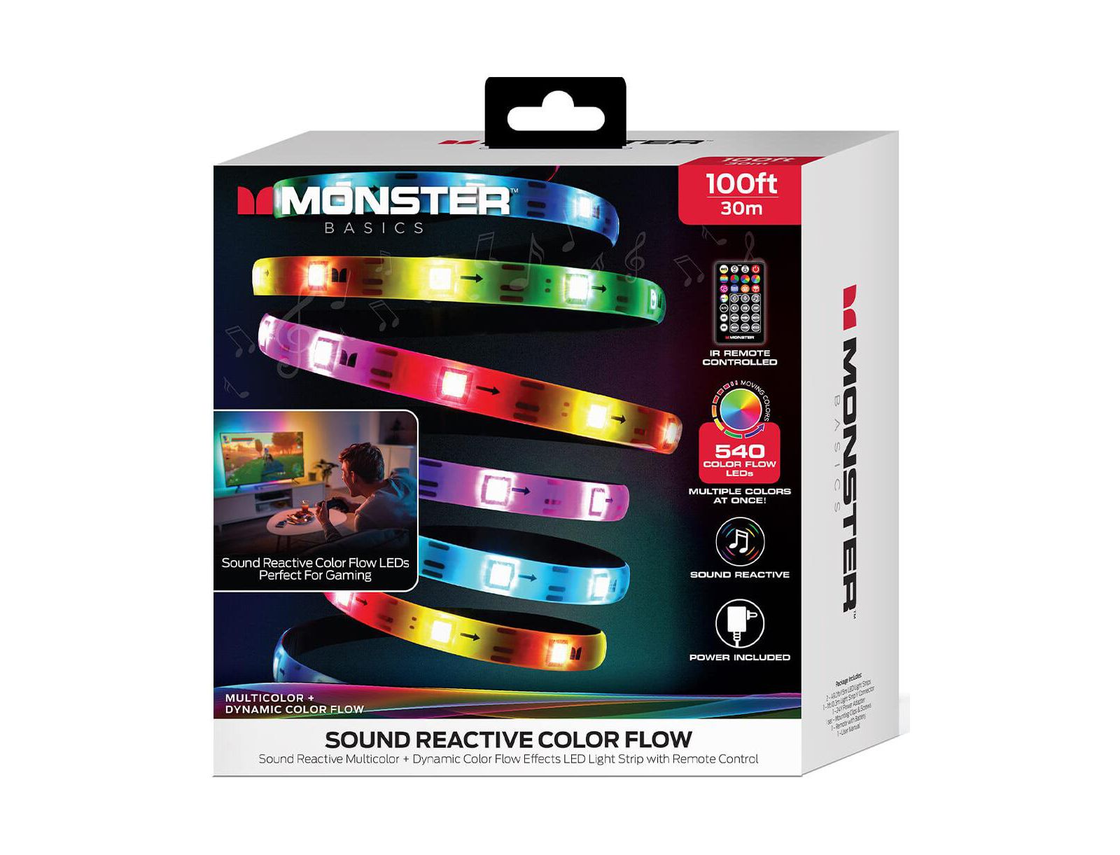 MONSTER CABLE 100 Ft IR Remote-Controlled RGB+IC Indoor LED Light Strip with Dynamic Color Flow Effects & Sound Reactive Modes