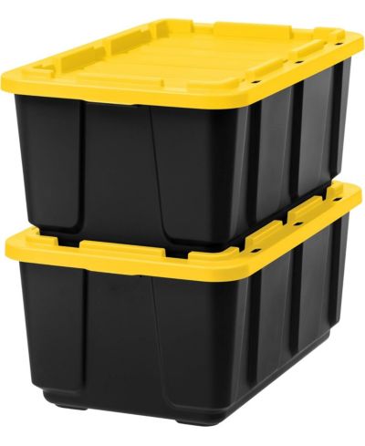 IRIS 27 Gal Heavy Duty Truck Bed Toolbox Storage Tote Bins with Lids, Garage Organization, Black/Yellow, 2Pk