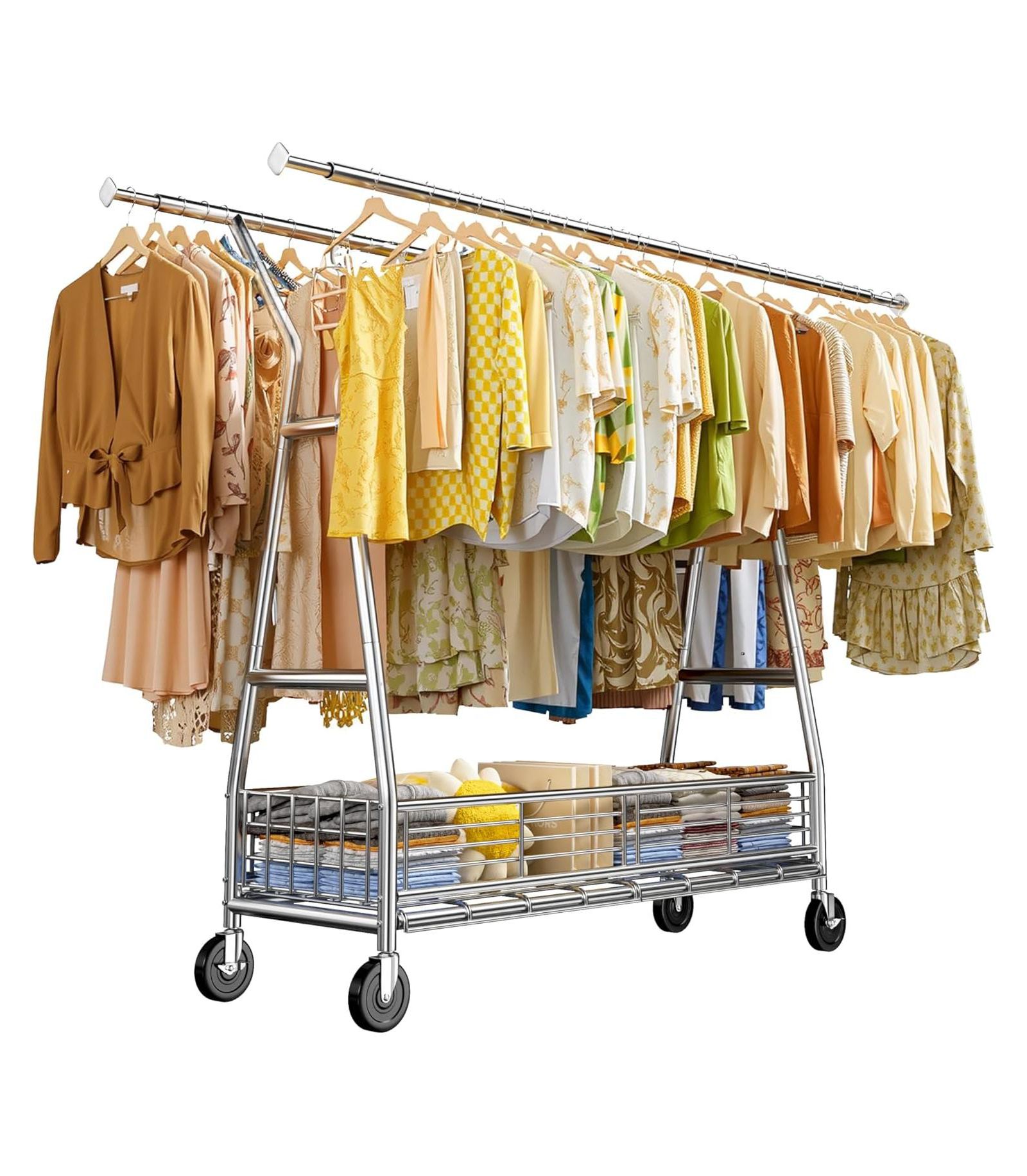 Raybee Double Rod Clothing Rack with Storage Basket, Portable Heavy-Duty Garment Rack, Adjustable for Bedroom, Closet, Commercial