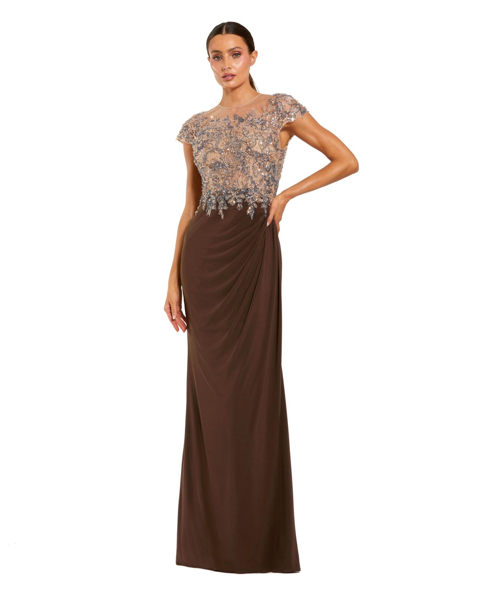 Вечернее платье Mac Duggal с отделкой кристаллами и прозрачным лифом