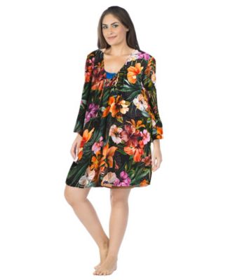 La Blanca Plus Size Tropical Hideaway Lace-Front Swim Cover-Up Tunic Dress