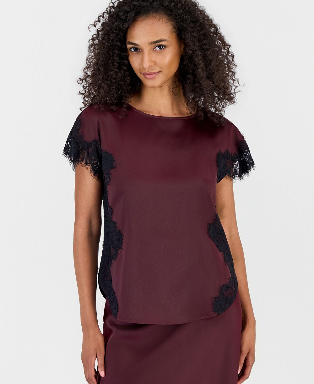 Anne Klein Women's Short-Sleeve Lace-Trim Satin Top