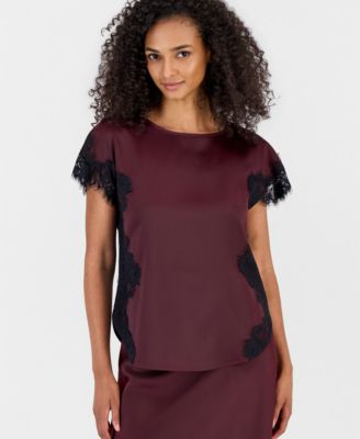 Женский топ Anne Klein из атласа с кружевной отделкой и коротким рукавом