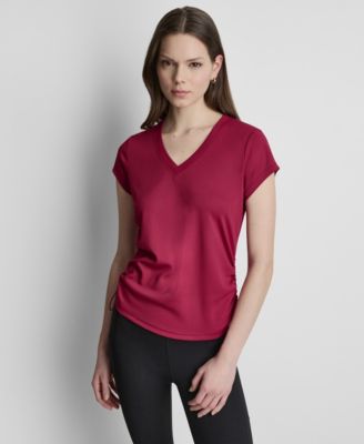 DKNY Sport Women's Ruched Side Seams V-Neck Tech T-Shirt