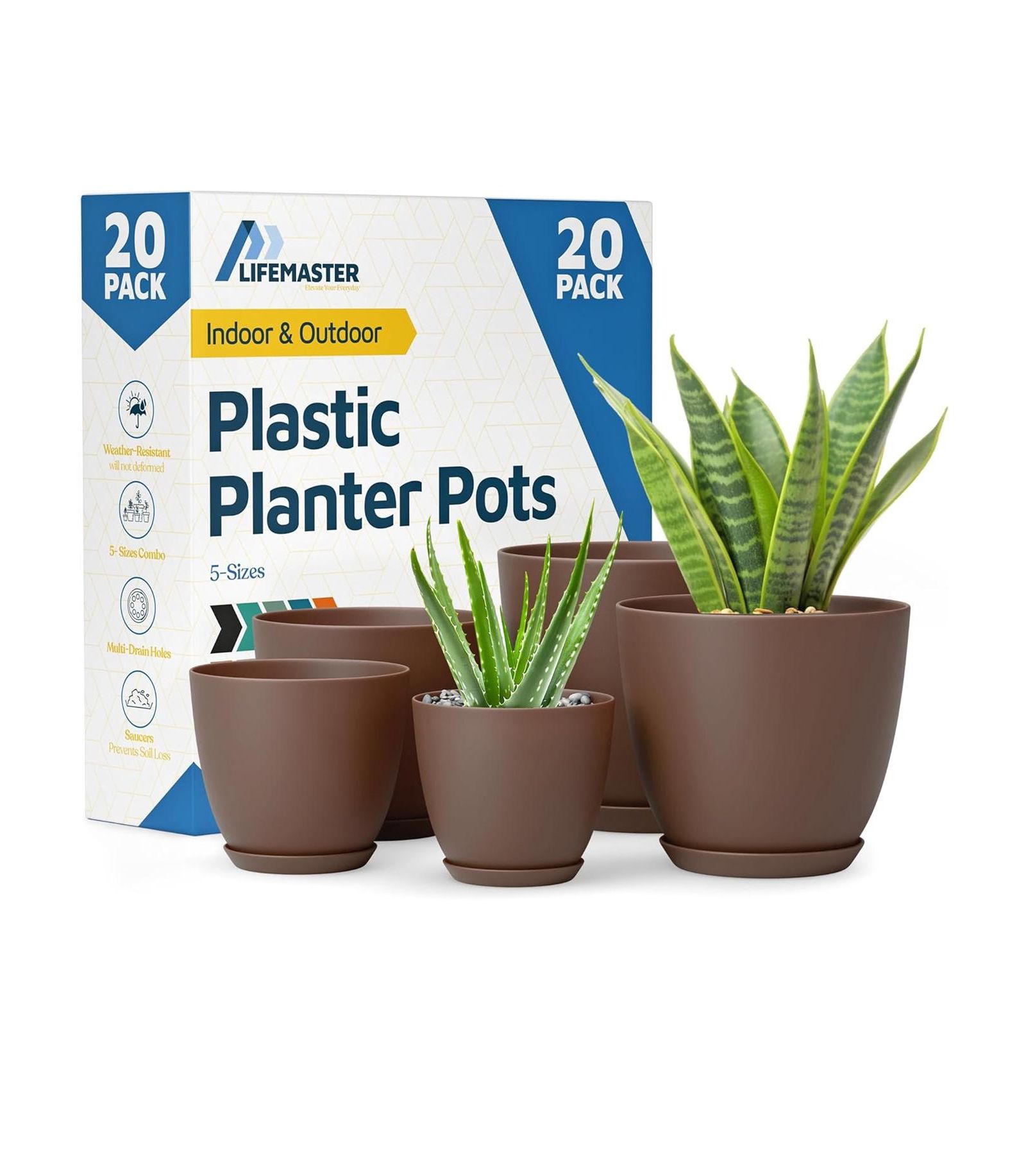 Lifemaster Set of 20 lightweight, durable brown planter pots with drainage holes. Space-saving, versatile, and ideal for indoor/outdoor use