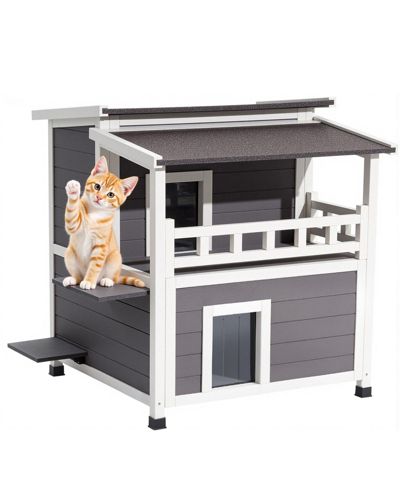 COZITO Insulated 2-Story Wooden Outdoor Cat House with Balcony, 33