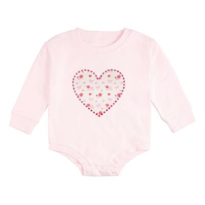 Sweet Wink Baby Girls Dainty Rose Pearl Heart Patch Long Sleeve Romper