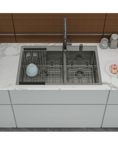 flynama 33x22x10inch Gunmetal Black Double Bowl Kitchen Sink Drop In Stainless Steel 16 Gauge 60 and 40