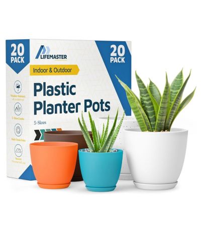 Lifemaster Multicolor Plant Pots 20 Pack with Drainage Holes & Saucers, Stackable Indoor & Outdoor Planters
