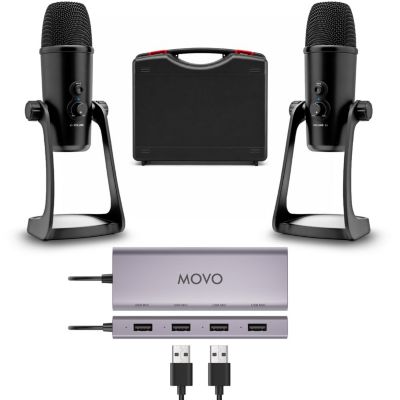 Комплект Movo для подкастов на 2 человека: 2 конденсаторных микрофона и USB-хаб