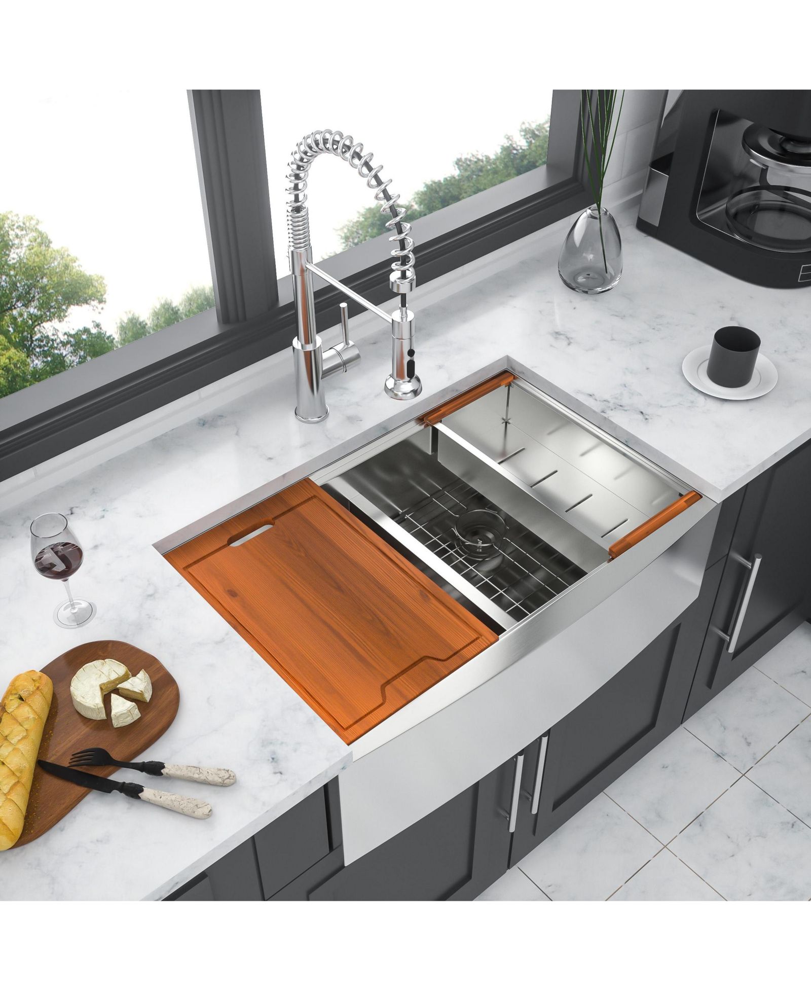 Кухонная мойка flynama 33x22x10 Inch Double Bowl Farmhouse из нержавеющей стали T304 с разделочной доской и дуршлагом