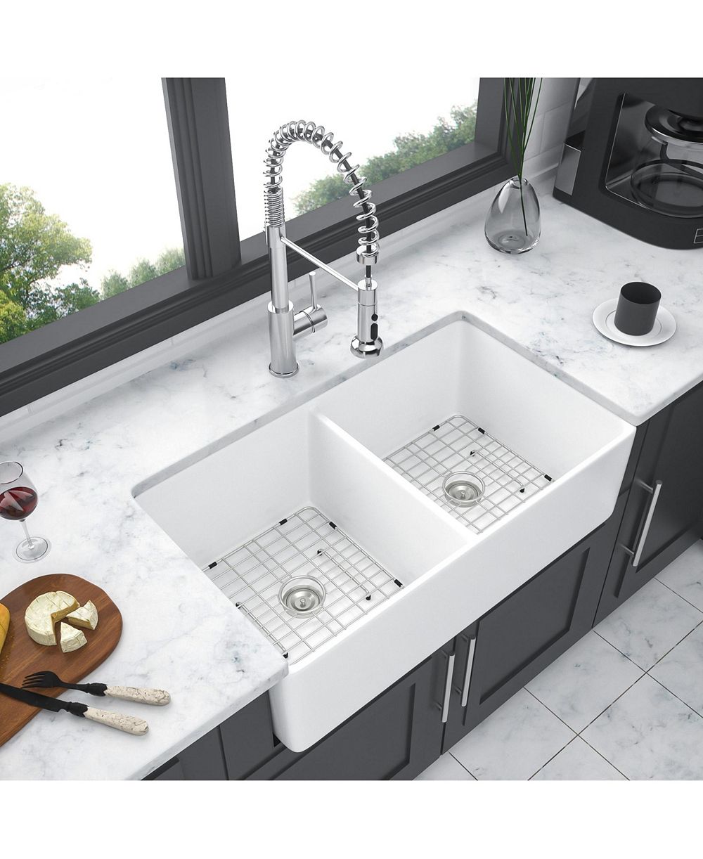 Flynama White Ceramic Porcelain Farmhouse Kitchen Sink, Double Bowl, Apron Front, 32" x 20" x 9"