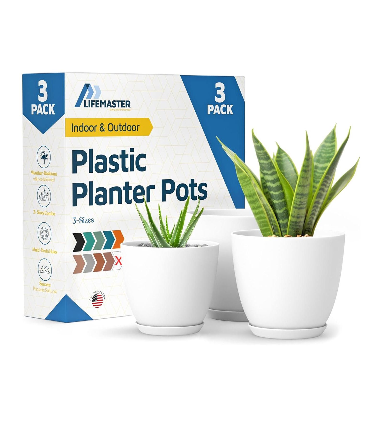 Lifemaster White Plant Pots 3-Pack with Drainage Holes & Saucers, Stackable Indoor & Outdoor Space-Saving Planters for Houseplants & Flowers