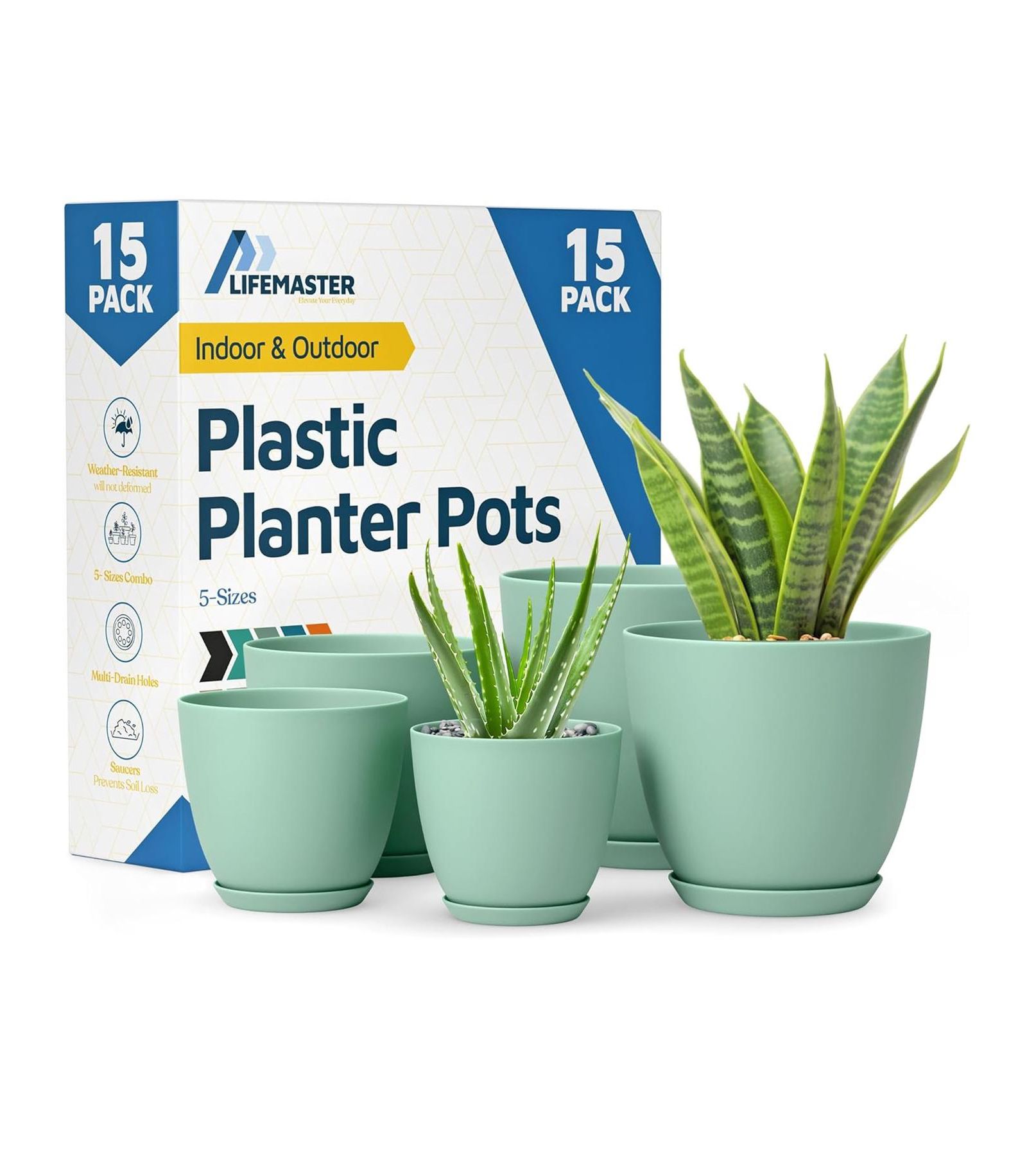 Lifemaster Brown plant pots 15-pack with drainage holes & saucers indoor outdoor  planters for flowers & houseplants durable weatherproof design
