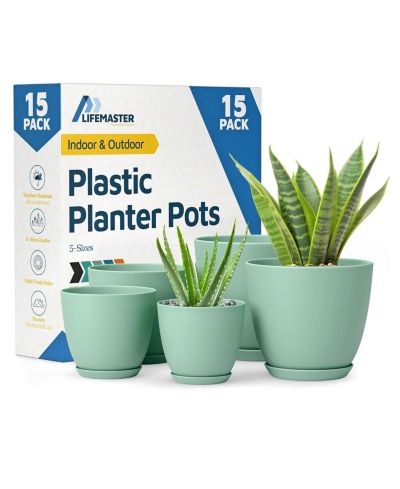 Lifemaster Brown plant pots 15-pack with drainage holes & saucers indoor outdoor  planters for flowers & houseplants durable weatherproof design